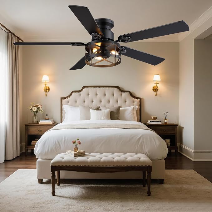 JSAITEE 52in Flush Mount Farmhouse Ceiling Fan with Lights, Caged | Low Profile Fan Light with E12 Base(Bulbs Not Included), 6 Speeds Adjustable&Timer, Rustic Lighting Fan for Indoor/Outdoor