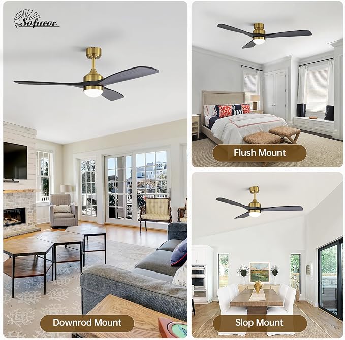 Sofucor 52" Solid Wood Ceiling Fan Lights, Flush Mount & Downrod Mount Ceiling Fan with Lights and Remote, Wood Blades Modern Outdoor Ceiling Fans for Bedroom/Farmhouse/Patio/Indoor