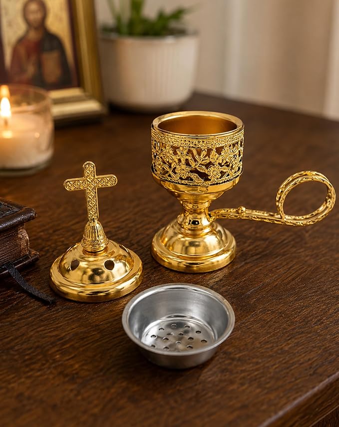 Yawlsow Incense Burner, Frankincense Charcoal Incense Stand, Bakhoor Incense Burner Holder, Ideal for Aromatherapy, Yoga and Spa, Home and Christian Church Censer, (Gold)