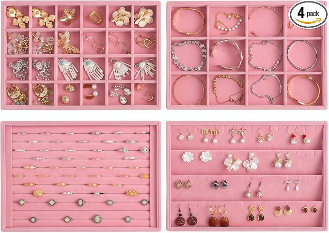 Frebeauty Jewelry Trays for Drawer,Set of 4 Jewelry Organizer and Storage | Velvet Material,Stackable,Adjustable Dividers,Drawer Inserts for Rings Studs Bracelet,Earring Organizer for Women Girls