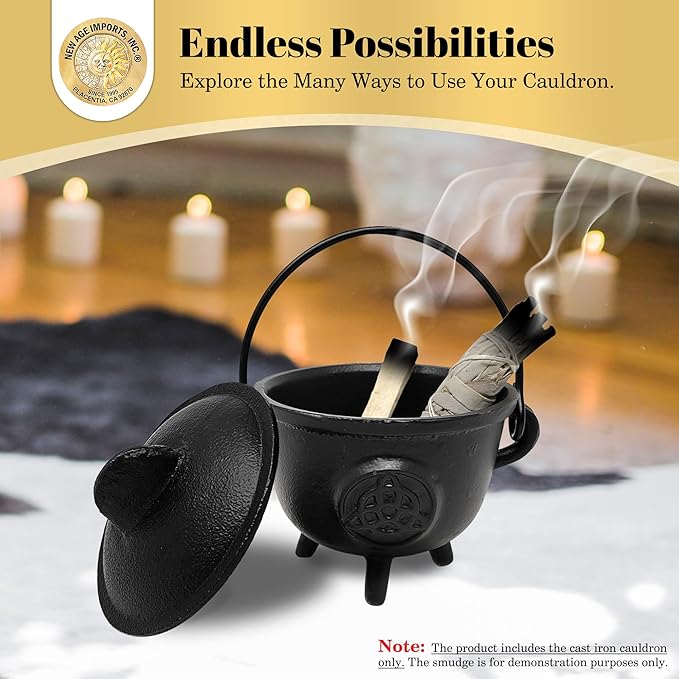 New Age Imports, Inc. Triquetra Cast Iron Cauldron w/Handle & lid, Ideal for smudging, Incense Burning, Ritual Purpose, Decoration, Halloween Decoration, Candle Holder, etc. (Triquetra - BR96)