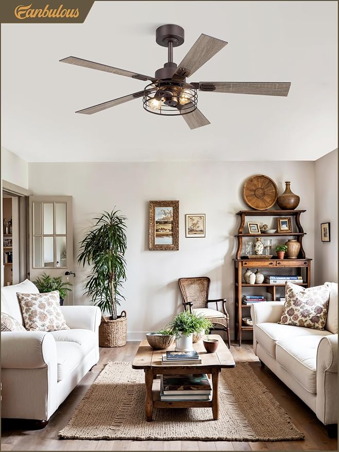 Fanbulous 1 Pack Farmhouse 48 Inch Ceiling Fans with Lights, Industrial Caged Ceiling Fans for Bedroom Living Room, Double-Sided 5 Blades Rustic Ceiling Fan-Oil Bronze