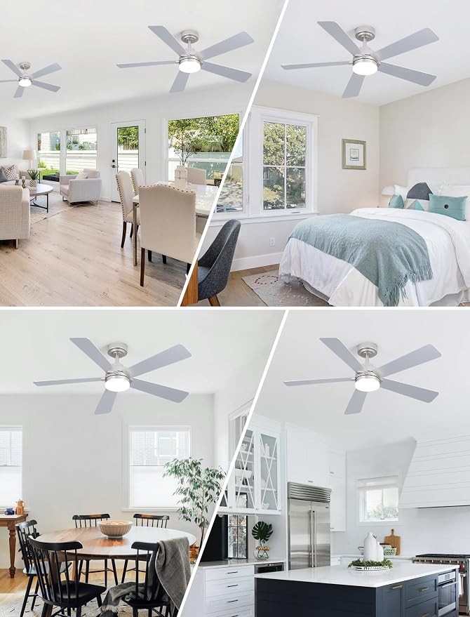48 Inch Ceiling Fan with Lights and Remote, Downrod Mount, Sloped Ceiling Compatible up to 15°, Quiet Reversible DC Motor, 3CCT Dimmable LED, Nickel Ceiling Fan for Bedroom Living Room