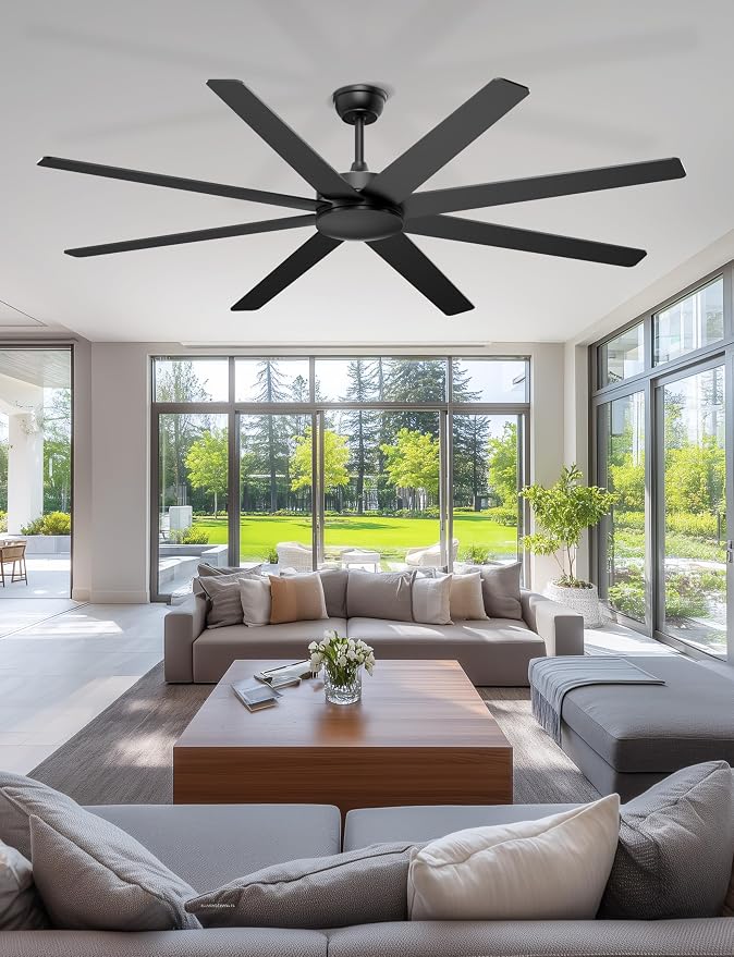 72'' Large Ceiling Fans No Lights, Modern Black Ceiling Fan Remote/APP Control, Quiet DC Motor Big Ceiling Fan for Shop Garage Covered Outdoor Patios