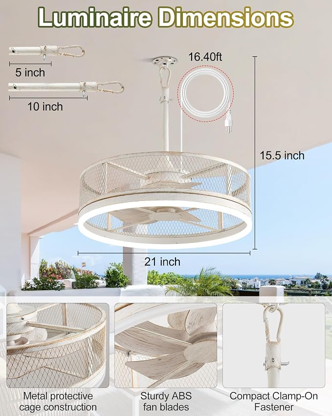 20'' Outdoor Ceiling Fan with Light, IP65 Waterproof Gazebo Hanging Fan, Remote Control, 3CCT, 6-Speed, Plug-in Caged Ceiling Fan for Patio Porch Pergola, Works with Alexa & Google Assistant