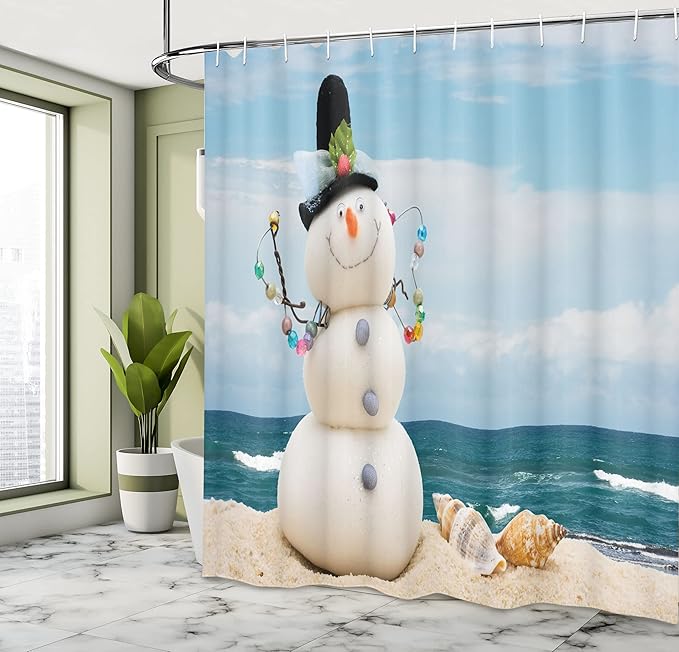 Ambesonne Snowman Shower Curtain, Winter Vacation Holiday Theme Figure Seashells Sitting on Sandy Beach Coastal, Cloth Fabric Bathroom Decor Set with Hooks, 69" W x 84" L, Blue Sand