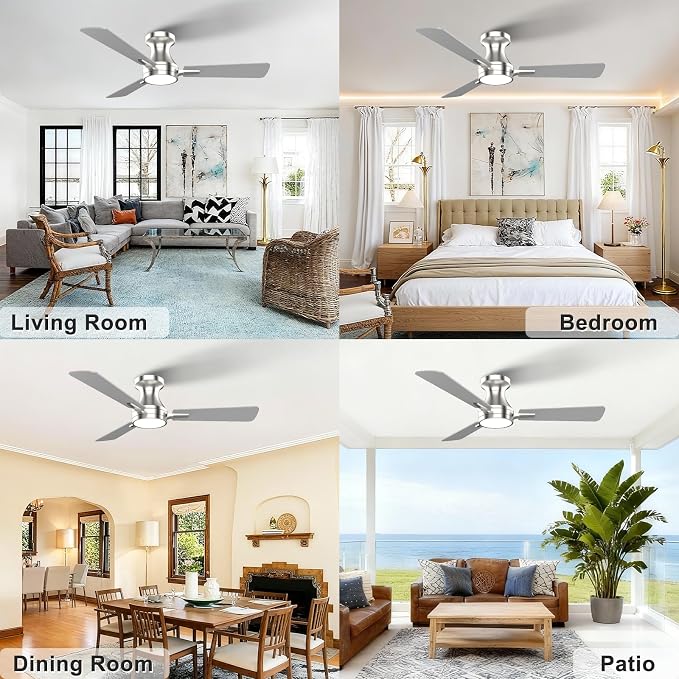 OPONL Ceiling Fan with Light, 42 inch Low Profile Ceiling fan with Light and Remote Control, Reversible, 6CCT, Dimmable, Noiseless, Nickel Ceiling Fan for Bedroom, Indoor/Outdoor Use, Modern