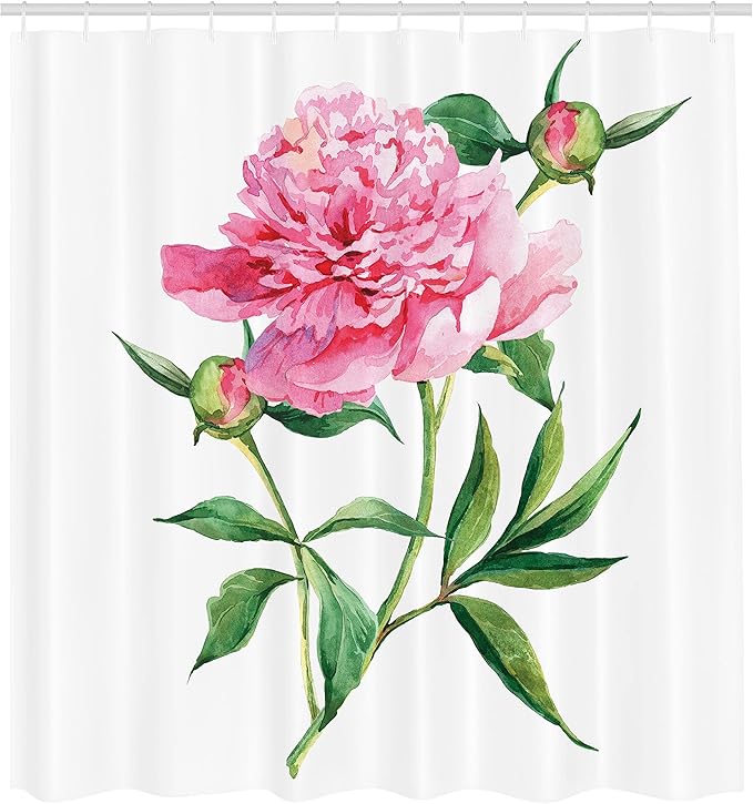 Ambesonne Watercolor Flower Shower Curtain, Vintage Peony Painting Botanical Spring Garden Flower Nature Theme, Cloth Fabric Bathroom Decor Set with Hooks, 69" W x 84" L, Pink White Green