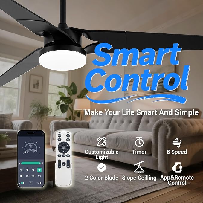 Ceiling Fan with Lights and Remote, 3 Blade App Control Timer Reversible Stepless Brightness and Color Temperature Outdoor Wood Ceiling Fan with Lights (Black, 52 In)