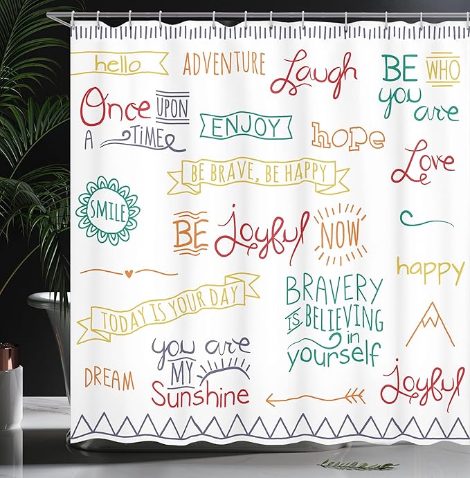 Ambesonne Adventure Shower Curtain, Various Words on Happiness and Self Value Uplifting Phrases Being Who You are, Cloth Fabric Bathroom Decor Set with Hooks, 69" W x 70" L, Jade Green