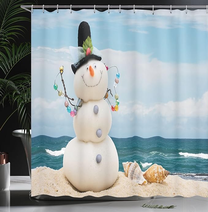 Ambesonne Snowman Shower Curtain, Winter Vacation Holiday Theme Figure Seashells Sitting on Sandy Beach Coastal, Cloth Fabric Bathroom Decor Set with Hooks, 69" W x 84" L, Blue Sand