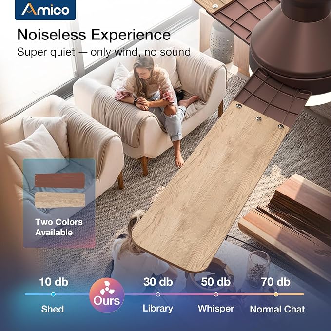 Amico Ceiling Fans with Lights, 52 inch Low Profile Ceiling Fan with Light and Remote Control, Flush Mount, Reversible, 3CCT, Dimmable, Noiseless, Brown Ceiling Fan for Bedroom, Indoor/Outdoor Use