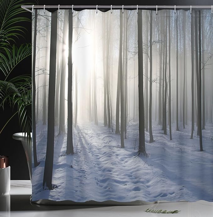 Ambesonne Forest Shower Curtain, Thin Snow Covered Path in Misty Winter Woodland Morning Sun Image Print, Cloth Fabric Bathroom Decor Set with Hooks, 69" W x 70" L, White and Dark Brown