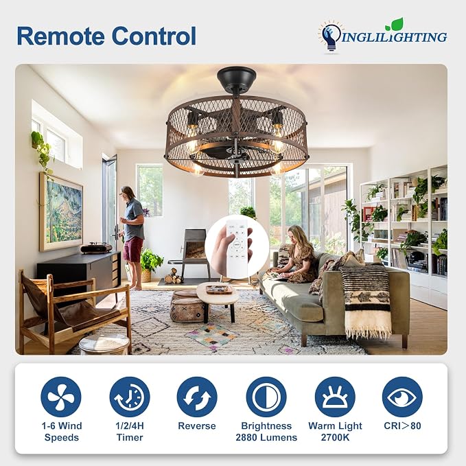 DLLT Caged Ceiling Fan with Lights: 20" Farmhouse Fandelier with Light and Remote - Walnut Industrial Chandelier Fan Light for Bedroom Living Dining Room Kitchen