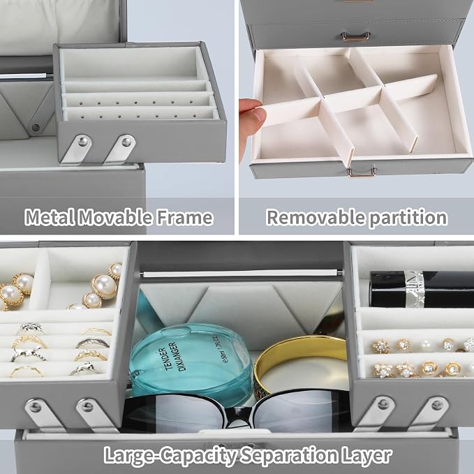 Dajasan Jewelry Organizer Box, Large Jewelry Boxes for Women Girls, Space-Saving 4 Layers Jewelry Storage Case with Drawer, Movable Metal Stand, Modern, Gift Idea (Grey)
