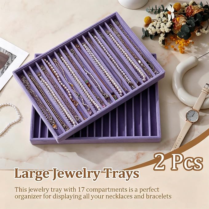 Large Velvet Jewelry Tray 2 Pack Stackable Jewelry Display Drawer Inserts Trays Organizer for Earring Bracelet Necklace Ring (Purple, 16 Grids)