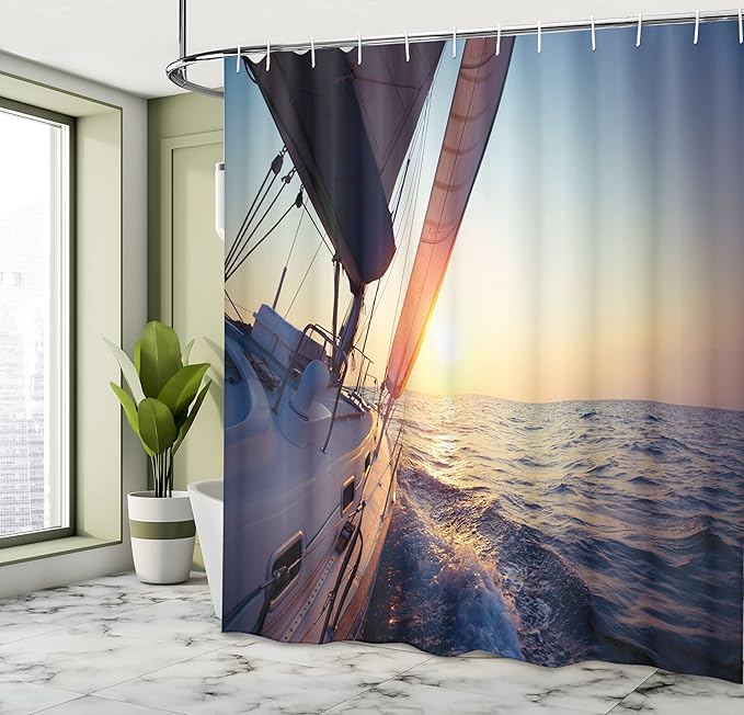 Ambesonne Sailboat Nautical Shower Curtain, Sail Boat Gliding in Open Sea at Sunset Leisure Vessel Windy, Cloth Fabric Bathroom Decor Set with Hooks, 69" W x 70" L, Yellow White Peach