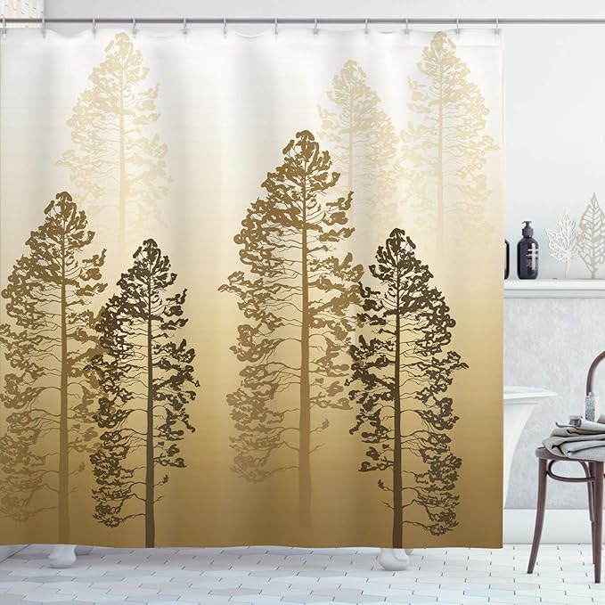Ambesonne Country Shower Curtain, Pine Trees in The Forest on Foggy Seem Ombre Backdrop Wildlife Adventure Artwork, Cloth Fabric Bathroom Decor Set with Hooks, 69" W x 70" L, Brown Sand