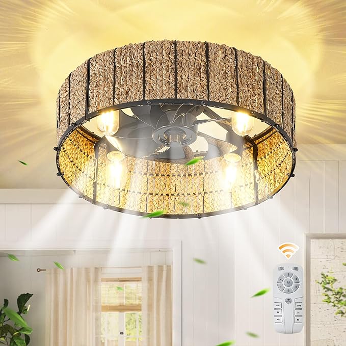 Ganeed 20" Boho Ceiling Fan with Light, Handwoven Rattan Caged Ceiling Fan with Light and Remote, Low Profile 6 Speeds Enclosed Flush Mount Fandelier for Bedroom Kids Room Nursery Living Room