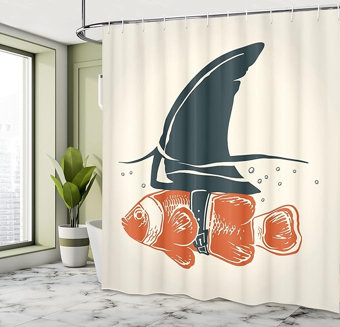 Ambesonne Shark Shower Curtain, Pop Art Clown Fish with Shark Fin Camouflage Cheat Humor Strategy Beware Theme, Cloth Fabric Bathroom Decor Set with Hooks, 69" W x 70" L, Orange Green