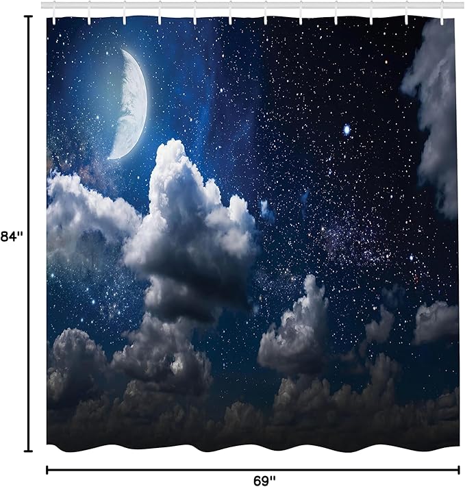 Ambesonne Clouds Shower Curtain, Celestial Solar Night Scene Stars Moon and Clouds Heaven Place in Cosmos Theme, Cloth Fabric Bathroom Decor Set with Hooks, 69" W x 84" L, Dark Night Blue Off White