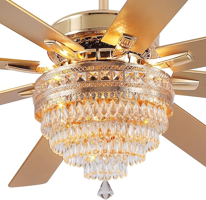 72"Large Golden Crystal Chandelier Ceiling Fans with Lights and Remote/APP | Supports Remote and APP,Reversible 6 Wind Speeds,60W Quiet AC Motor,8 Wooden Blades,4*E12 LED Bulbs Included,for Living Room
