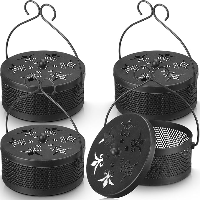 Lallisa Incense Coil Holder Sets, Round Metal Hanging Incense Burner with Handle and Lid, Portable Coil Burner Stand Container for Patio Camping Garden Home Indoor Outdoor Decor(Classic Black,4 Pcs)