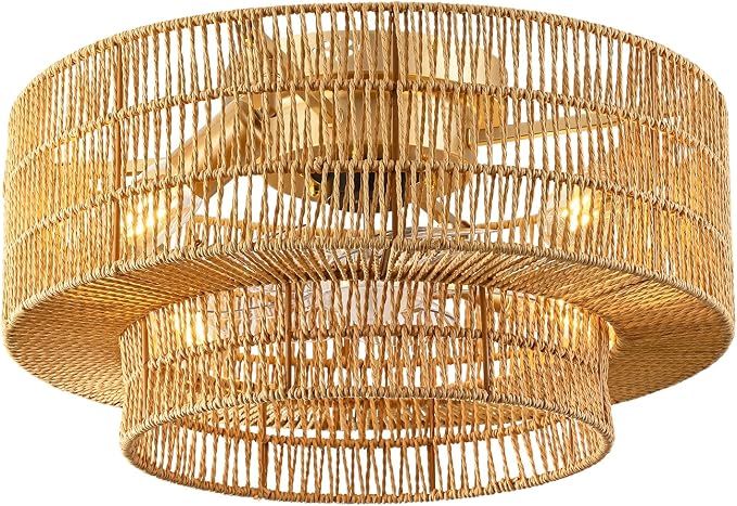 20" Boho Caged Ceiling Fan Light with Remote, Rattan Fandelier Ceiling Fan | Flush Mount Ceiling Fan, 6 Wind Speeds, Reversible, Enclosed Ceiling Fan for Bedroom, Living Room, Dining Room, Nursery