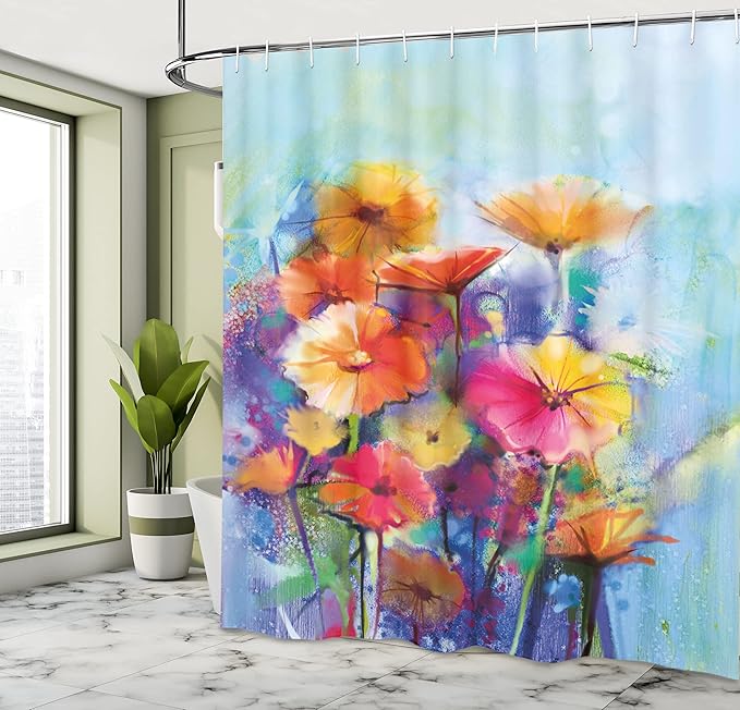 Ambesonne Floral Shower Curtain, Abstract Flower Bouquet in Soft Watercolors Daisies and Gerberas Spring Seasonal, Cloth Fabric Bathroom Decor Set with Hooks, 69" W x 70" L, Blue Purple