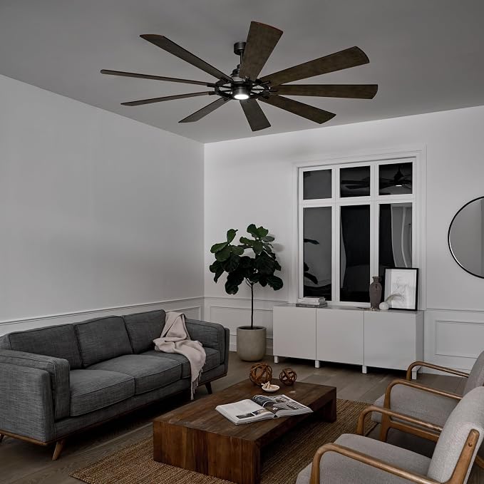 Kichler Gentry XL 85" Ceiling Fan with Lights, 1-Light LED, 3000K, 9-Blade Modern Rustic Fan for Bedroom in Anvil Iron, (85" W x 16.5" H), 300285AVI