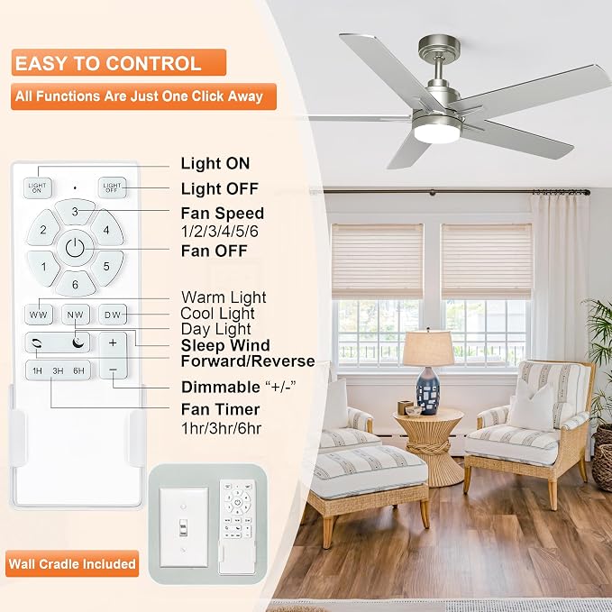 YUHAO 48 Inch Brushed Nickel Ceiling Fan with Light and Remote Control.Noiseless,Dimmable, 3CCT,6 Speeds Reversible, Modern DC Ceiling Fans for Indoor or Covered Outdoor Use,ETL Listed