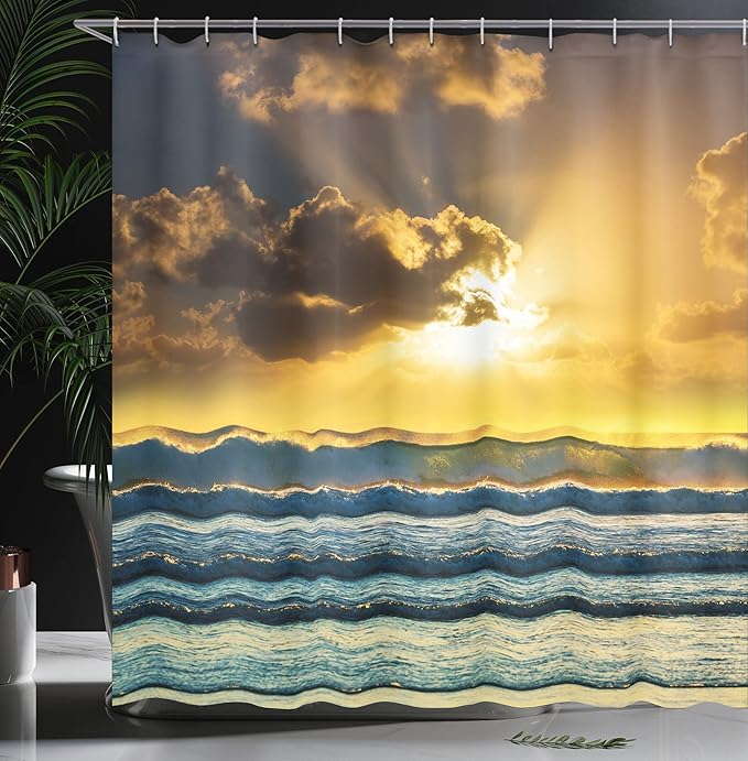 Ambesonne Ocean Decor Shower Curtain, Sunbeams Behind Grey Clouds Waves of The Sea at a Sunset Scenery Lofoten Norway Picture, Polyester Fabric Bathroom Set with Hooks, 69" W X 84" L, Blue Yellow