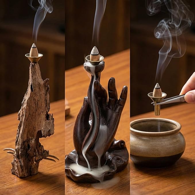 3Pcs Backflow Incense Holder Alloy Cone Burner Cones Sticks Ash Catcher Base Protector Retro Funnel Stand Mini Censer Tray Rack for Incense