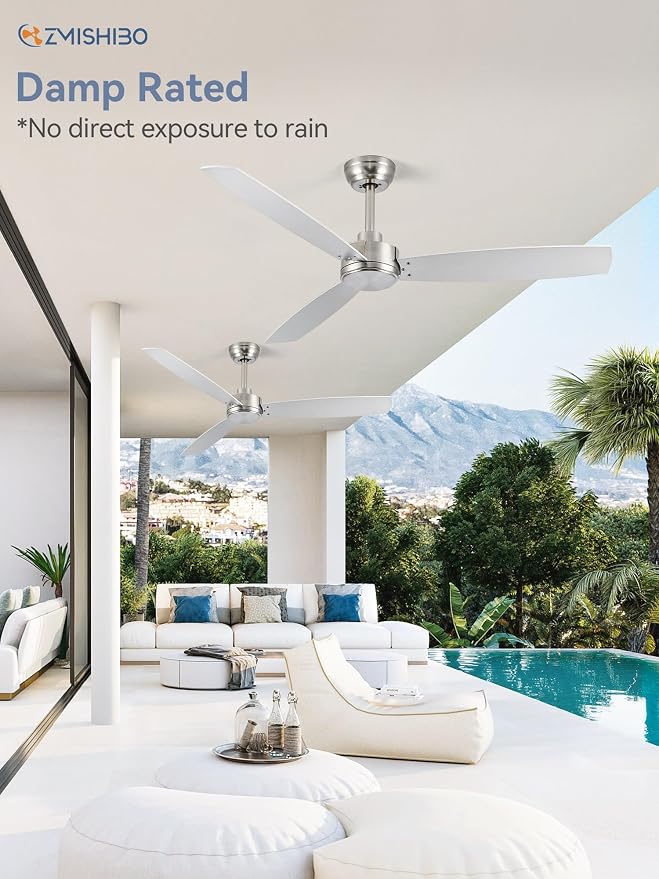 ZMISHIBO 52 Inch Ceiling Fan with Remote No Light, Brushed Nickel & White Outdoor Ceiling Fans with Quiet Reversible DC Motor, 6 Speeds, 3 Blade Modern Ceiling Fan for Patio Living Room Bedroom Indoor