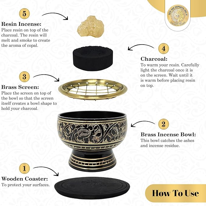 New Age Imports, Inc. India Small Decorated Brass Charcoal Screen Incense Burner with Wooden Coaster