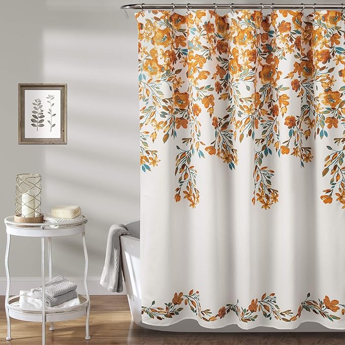 Lush Decor Tanisha Shower Curtain, 72" W x 72" L, Tangerine & Turquoise - Orange & Blue Flower Vine Print - Beautiful & Elegant Floral Shower Curtain - Modern Farmhouse & Cottage Bathroom Decor