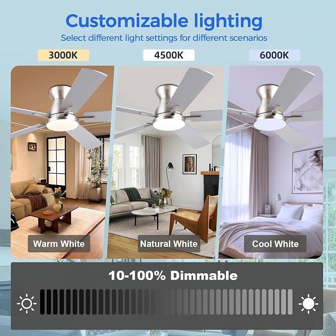 Ayaoty Ceiling Fans with Lights,52 Inch Low Profile Ceiling Fan with Light and Remote/APP Control-Flush Mount Dimmable, Quiet DC Motor for Outdoor Patio,Garage,Bedroom Nickel