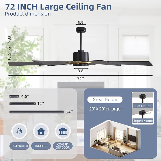WINGBO 72" Windmill Ceiling Fan with Lights, 3 Downrod, 6-Speed Reversible DC Motor, 3CCT, 10 Blade Indoor Farmhouse DC Ceiling Fans for Kitchen Bedroom Living Room Patio, Aged Brass and Black