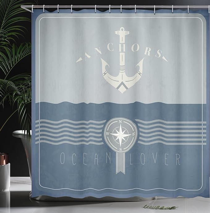 Ambesonne Nautical Shower Curtain, Vintage Marine Design for Ocean Lovers Anchor Compass and Stripes, Cloth Fabric Bathroom Decor Set with Hooks, 69" W x 70" L, Blue Grey