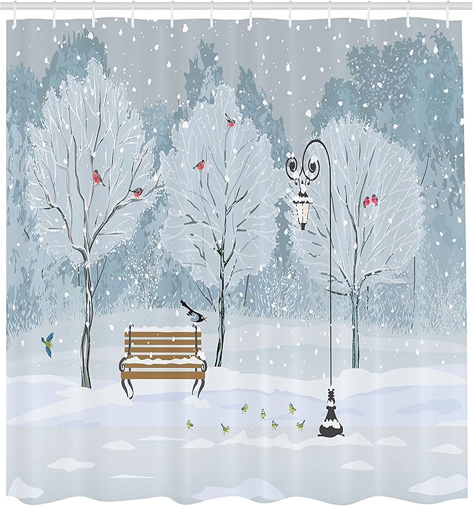 Ambesonne Christmas Shower Curtain, Snow Falling in The Park on a Cold Winter Day Birds Xmas Season Theme Picture, Cloth Fabric Bathroom Decor Set with Hooks, 69" W x 75" L, Blue and White
