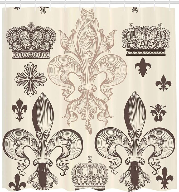 Ambesonne Fleur De Lis Shower Curtain, Heraldic Pattern with Fleur-de-Lis and Crowns Tiara Coat of Arms Knight, Cloth Fabric Bathroom Decor Set with Hooks, 69" W x 84" L, Beige Taupe