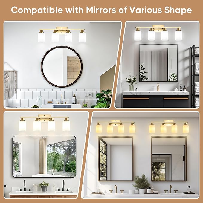Ascher Bathroom Light Fixtures, 4-Light Vanity Light Over Mirror, Gold Wall Sconces with Milky White Frosted Glass Shades, Wall Lamp for Living Room Bedroom, E26 Base(Bulbs Not Included)