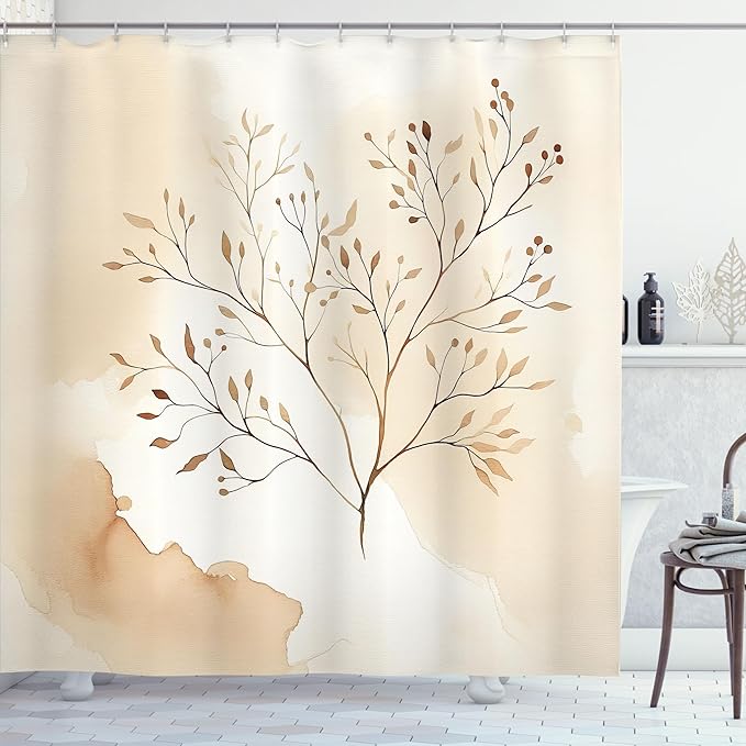 Ambesonne Tan Shower Curtain, Earthy Tones of Autumnal Melancholy Themed Leaves on Branches Aquarelle Dream, Cloth Fabric Bathroom Decor Set with Hooks, 69" W x 70" L, Champagne White Ecru