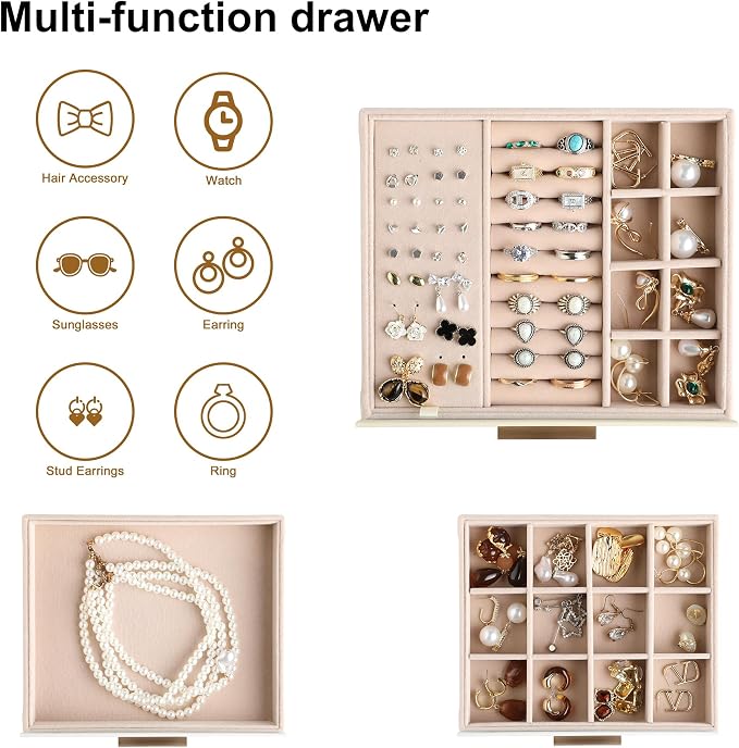 Frebeauty Jewelry Box for Women,Clear Lid Jewelry Organizer with 3 Drawers | Faux Leather,Velvet Lining,3 Layers,Jewelry Storage for Ring Earring Stud,Dustproof Design,Gift Choice,Golden Stylish Handle
