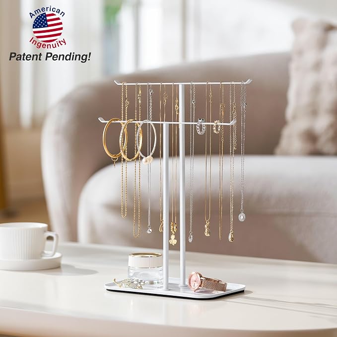 pickpiff Necklace Holder Jewelry Organizer Stand – 2‑Tier T‑Bar Jewelry Display Tree with Tray for Countertop Necklace Bracelet Earring Storage, Vanity Dresser Bathroom Sink, White