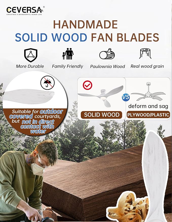 52 Inch Low Profile Ceiling Fans with Lights and Remote, White Flush Mount 3 Blade Wood Ceiling Fan,Dimmable,Quiet Noiseless for Patios,Living Room,Bedroom(Wall Control Switch)