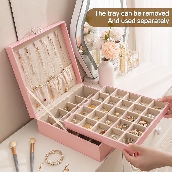 Frebeauty 50 Grid Earring Holder Organizer,2 Layer Jewelry Box for Women | Faux Leather,Velvet Lining,Adjustable Divider,Jewelry Organizer for Ring Necklace and Bracelet,for Home Use and Jewelry Store