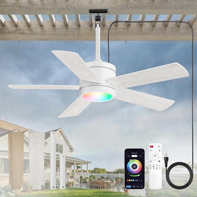 Fanbulous 42" Outdoor Ceiling Fans with Lights, APP Remote Control, IP65 Waterproof, RGB Dimmable Light, Plug in with 10FT Cord, 6-Speeds, 3CCT, Hook Hanging Fan for Gazebo Patio Porch Canopy(White)