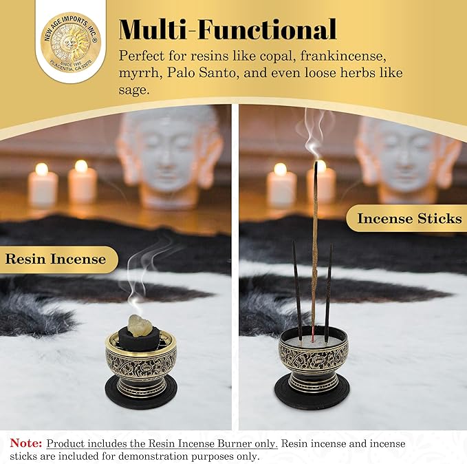 New Age Imports, Inc. India Small Decorated Brass Charcoal Screen Incense Burner with Wooden Coaster