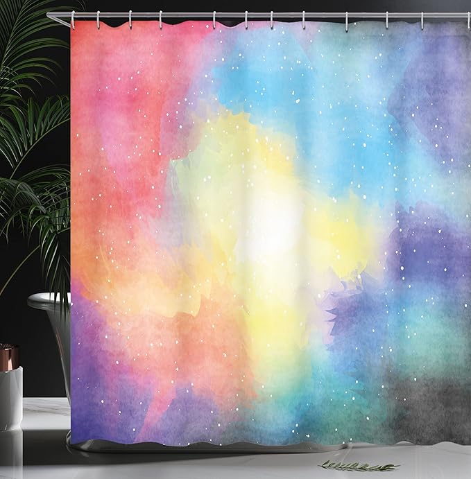 Ambesonne Abstract Shower Curtain, Watercolor Galaxy Outer Space Star Dust Seemed Image in Vivid Colors Modern Print, Cloth Fabric Bathroom Decor Set with Hooks, 69" W x 75" L, Multicolor Plum